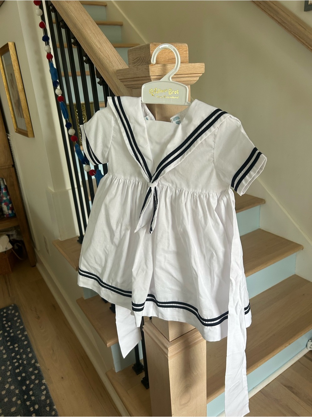 Girls' White Sailor Dress Top with Navy Trim